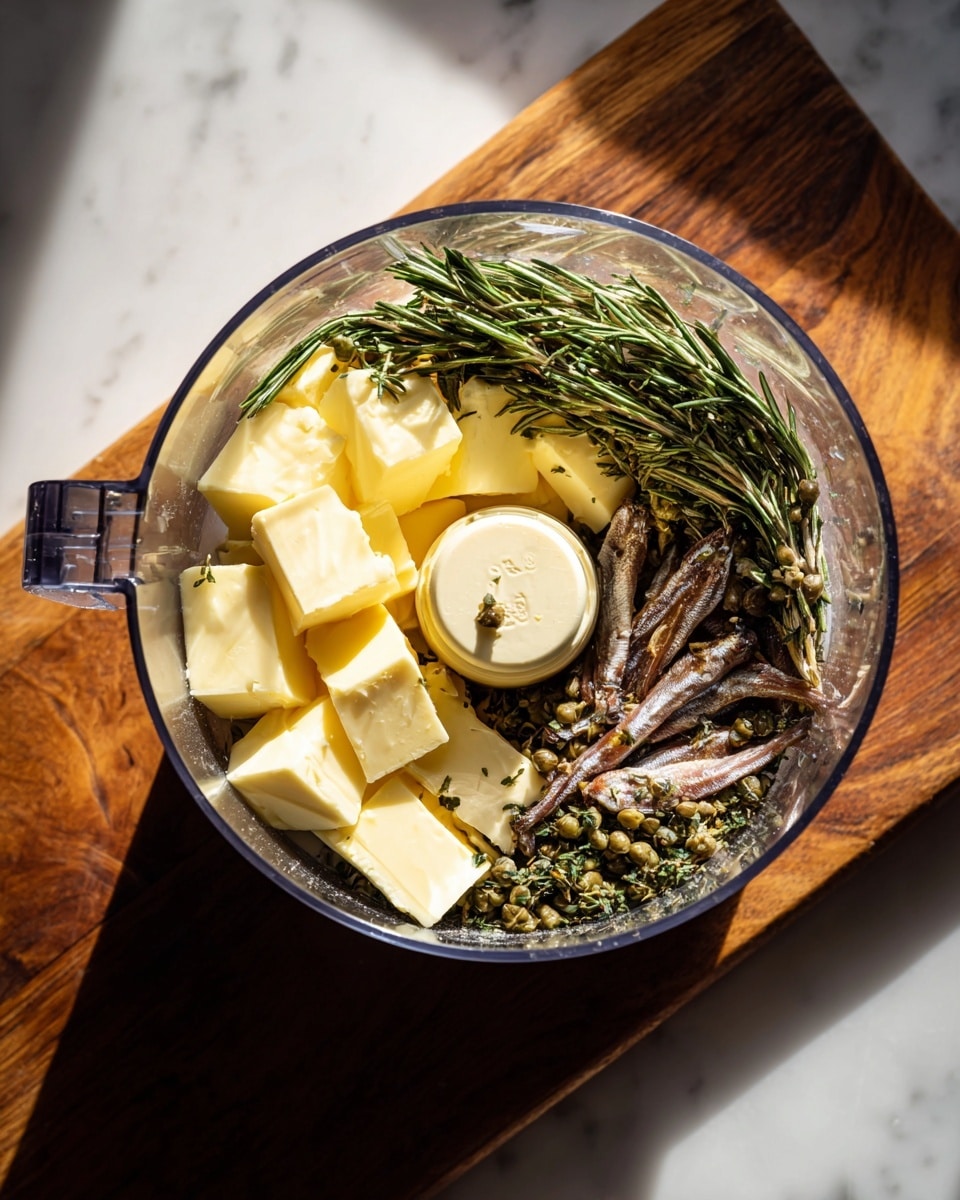 The image shows a clear food processor bowl filled with several ingredients ready to be mixed. Inside, there are chunks of pale yellow butter that make up the first layer, scattered with green sprigs of fresh rosemary. On top of the butter and herbs, there are small, brown, whole anchovies placed on one side, with some small green capers visible underneath. The food processor is sitting on a wooden board, and a woman's hand can be seen resting on a white marbled surface next to it. The light coming from one side highlights the textures and colors vividly. Photo taken with an iphone --ar 4:5 --v 7