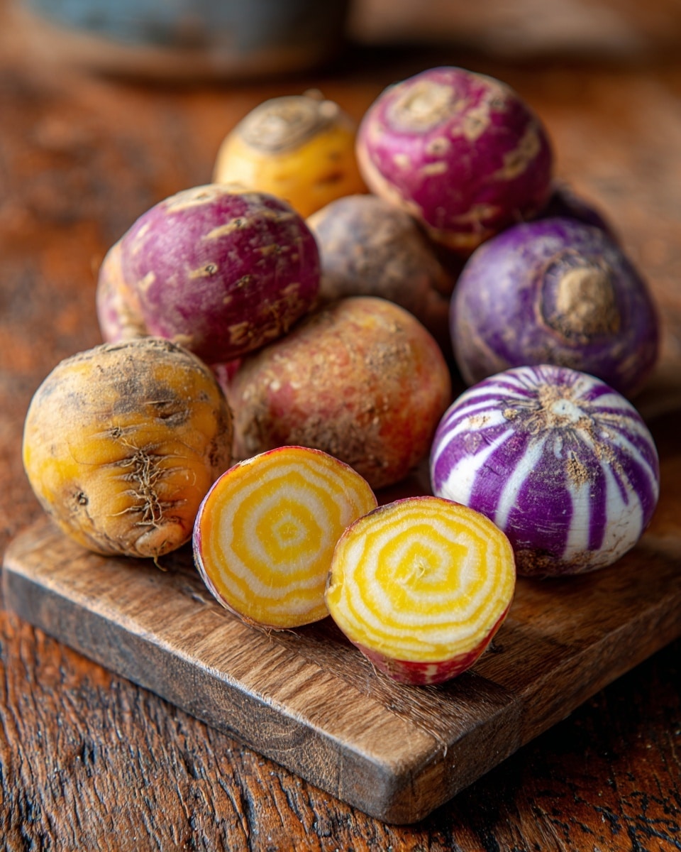 A group of round root vegetables with dusty orange, purple, and red outer skins is placed on a wooden surface. In front, on a small lighter wooden board, two of the vegetables are cut open, showing one with bright yellow rings inside and the other with purple and white stripes in a pattern resembling a zebra. The background is softly blurred, highlighting the earthy colors and textures of the vegetables, photo taken with an iphone --ar 4:5 --v 7