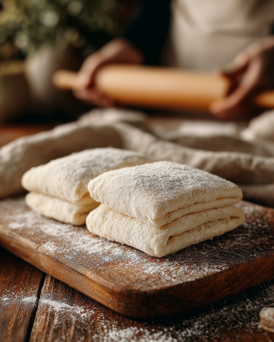 Two square dough pieces with visible thin layers are placed side by side on a wooden board dusted with white flour. The dough appears soft and slightly powdery with a pale cream color. In the background, a wooden rolling pin lies horizontally. The setting has a warm, homey feel with soft natural light and a blurred figure holding the rolling pin. The board and rolling pin add a rustic touch to the image. Photo taken with an iphone --ar 4:5 --v 7