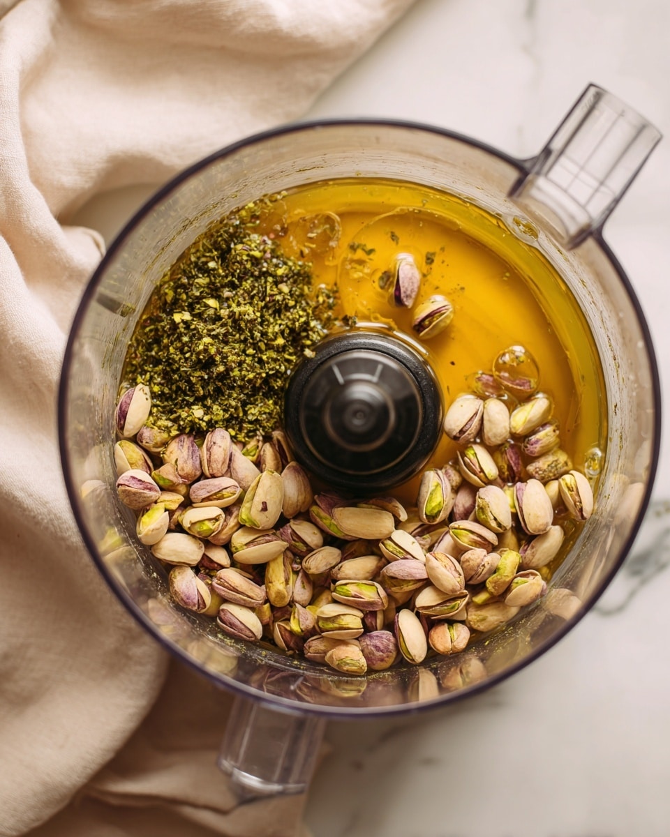 A clear food processor bowl is filled with three main layers visible from the top: a glossy golden liquid forming the base layer, scattered with whole pistachio nuts that are mix of light green and brown shades mostly concentrated on one side, and dark green chopped fresh herbs placed in a small pile next to the nuts. The food processor is set on a white marbled surface, with a soft cream-colored cloth draped in the background. The photo is taken from above, showing the transparent lid and black center piece of the food processor. Photo taken with an iphone --ar 4:5 --v 7