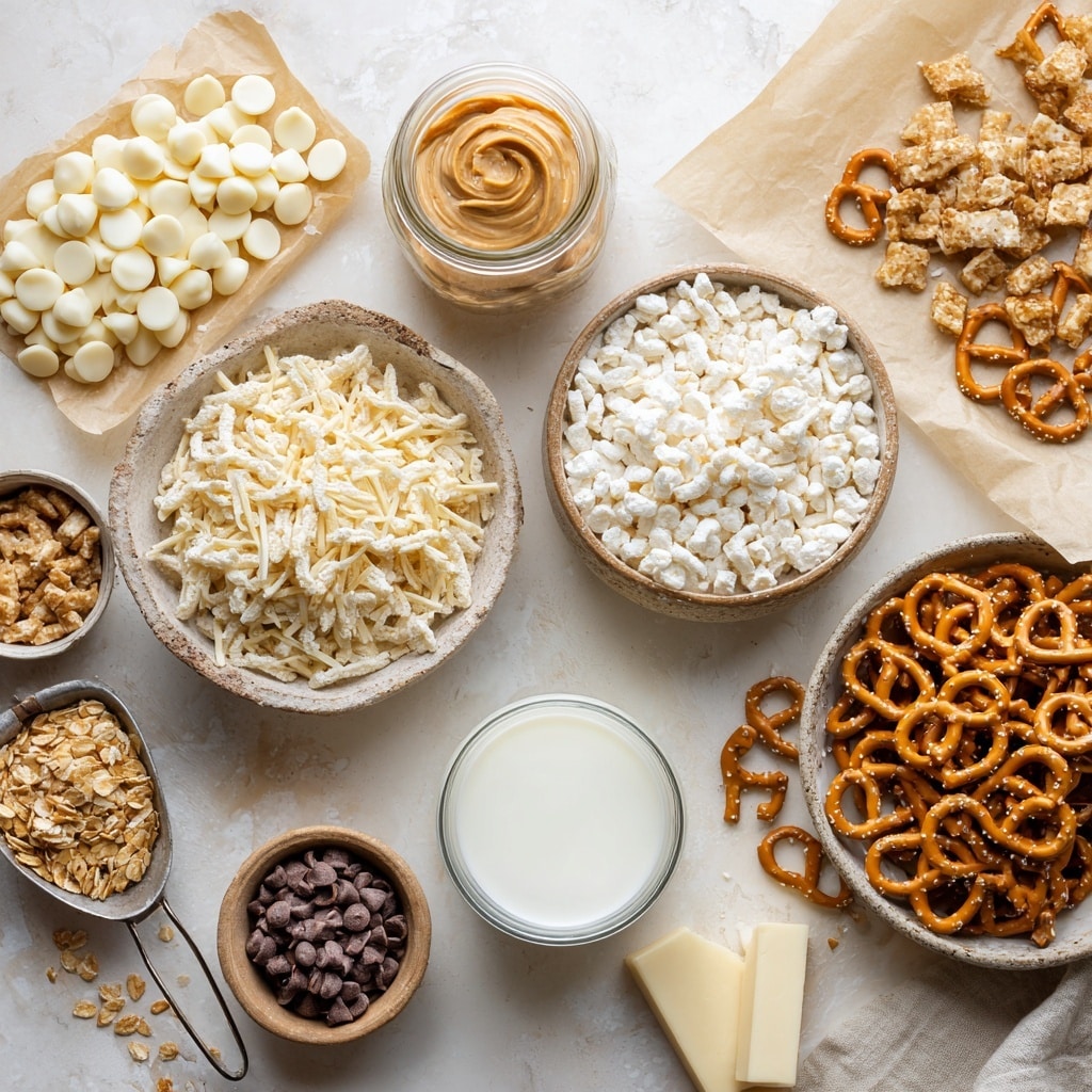 The image shows two side-by-side close-up views of a mixing bowl with ingredients for a sauce or spread. On the left, a white bowl contains two main layers: a pile of small, round white chocolate chips at the bottom and a large dollop of smooth, light brown peanut butter on top, with its creamy texture visible. On the right, the same bowl holds a single smooth, shiny, and thick mixture of light brown peanut butter and melted white chocolate blending together, with a black spatula partially visible stirring the mixture. The background is a white marbled texture. photo taken with an iphone --ar 4:5 --v 7