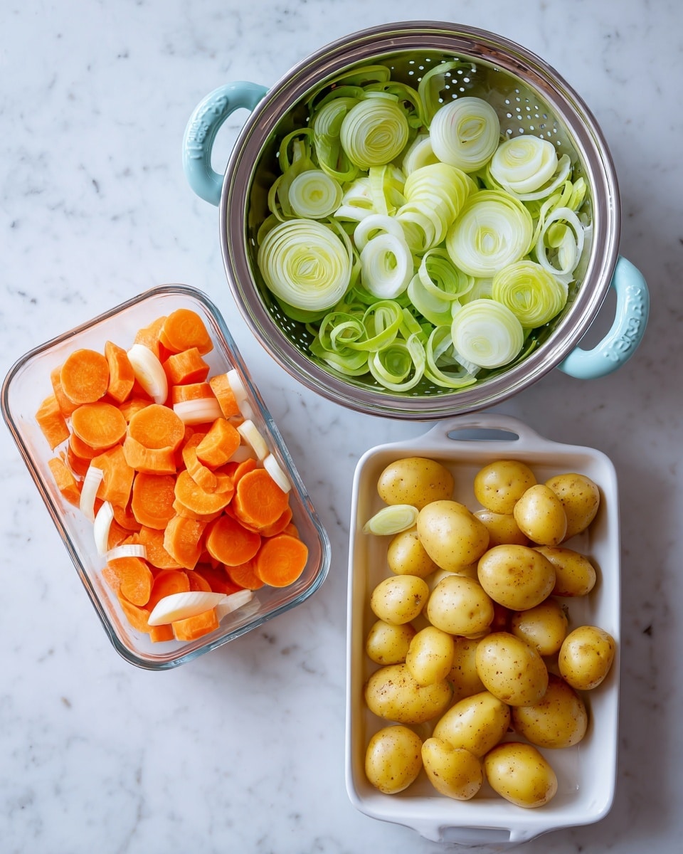 A white pot filled with a creamy stew, showing six browned sausages on top of a mix of round, light-colored baby potatoes and thick, orange carrot slices, all coated in a thick, rich, light brown sauce with small green herb sprinkles scattered on top. The pot sits on a white marbled surface with two light brown bread rolls in the background. photo taken with an iphone --ar 4:5 --v 7