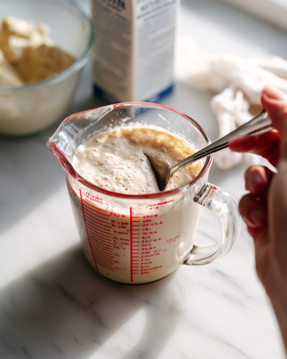A clear glass measuring cup with red measurement markings holds a light beige, thick liquid mixture with a slightly bumpy texture filling it about halfway. A woman's hand stirs the mixture with a silver spoon, visible from the right side of the image. The cup is placed on a white marbled surface with soft natural light casting shadows. In the background, a white and blue milk carton and a smaller clear container with some mashed contents and a spoon are visible but out of focus. photo taken with an iphone --ar 4:5 --v 7