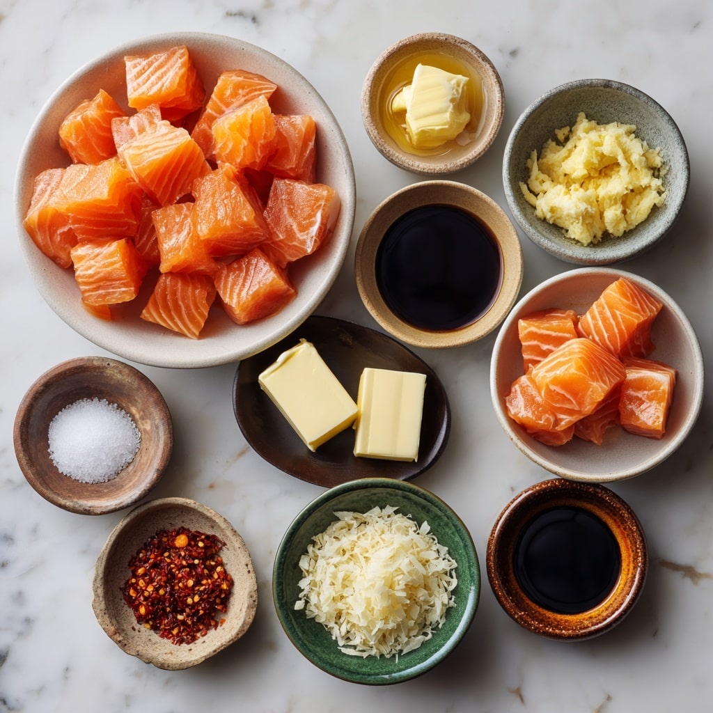 The image shows two side-by-side close-up shots of salmon pieces being cooked. On the left, the salmon pieces are raw and pink with white stripes, arranged evenly in a black pan with oil shimmering on the surface. On the right, the cooked salmon pieces are coated with a dark, shiny glaze, showing a rich, reddish-brown color, sitting closely together in the pan. The texture looks sticky and moist, with a glossy finish, and the background is a white marbled surface. photo taken with an iphone --ar 4:5 --v 7
