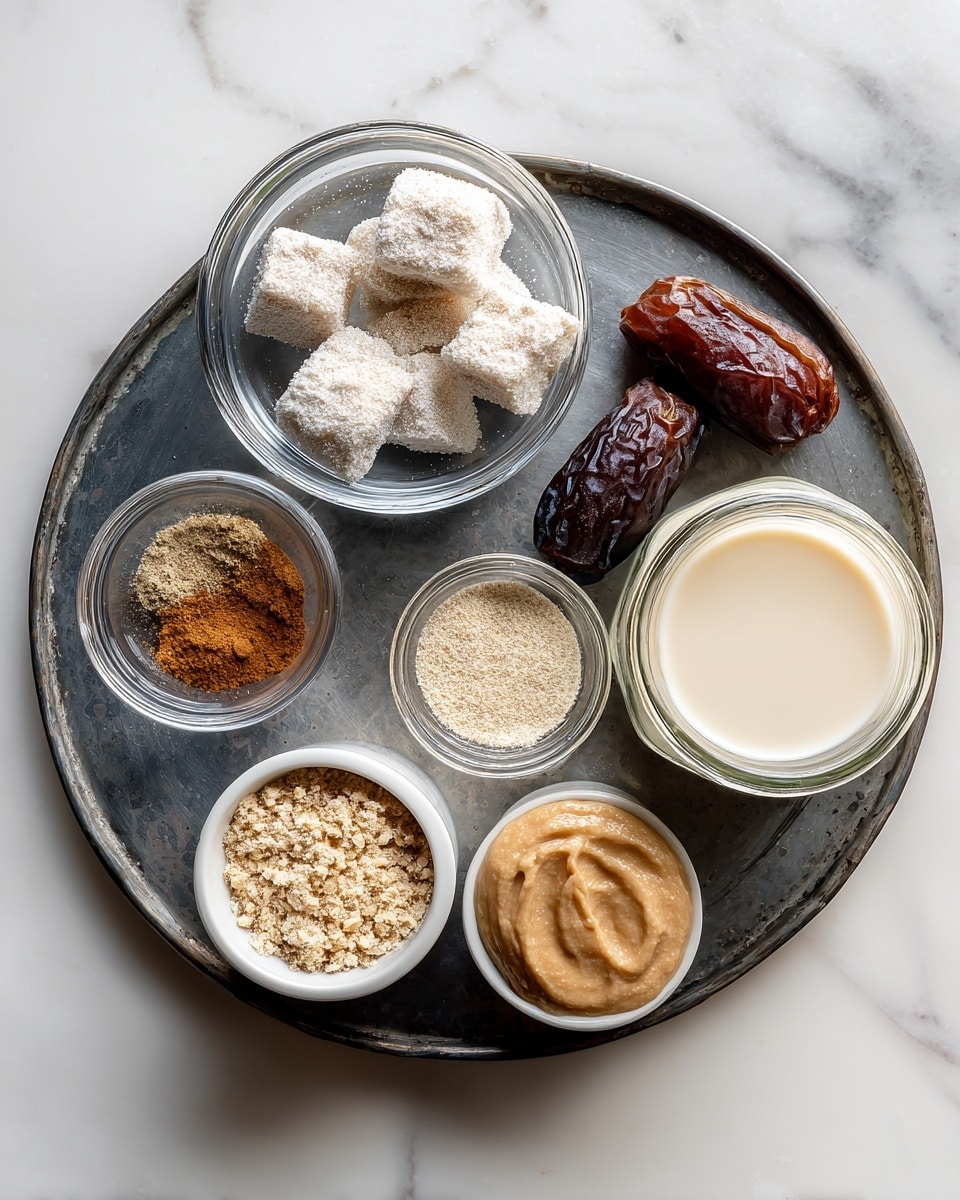 A dark metal tray sits on a white marbled surface, holding seven small containers and two dates. In the top left, a clear glass bowl contains several frozen white pieces dusted with frost. Below it to the left, a small glass bowl holds a mix of cinnamon and ginger powders. In the center, a small clear bowl contains a coarse beige powder. To the top right, two dark brown dates rest side by side. Next to the dates on the right edge, a clear glass jar is filled with a creamy white liquid. At the bottom left, a white bowl contains a light beige crumbly powder. On the bottom right, another white bowl holds a smooth light brown paste. The arrangement is neat and evenly spaced. Photo taken with an iphone --ar 4:5 --v 7