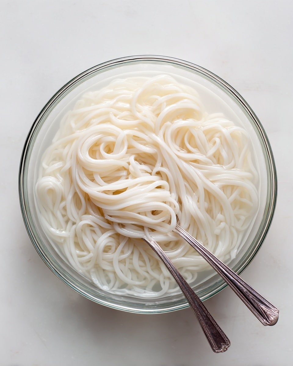 The image shows a clear glass bowl filled with thick, white udon noodles submerged in clear water. The noodles are tangled and soft, floating evenly inside the bowl. Two silver utensils, a fork and a spoon, rest inside the bowl, partially dipped in the noodles. The bowl sits on a white marbled surface, creating a clean, light background. photo taken with an iphone --ar 4:5 --v 7
