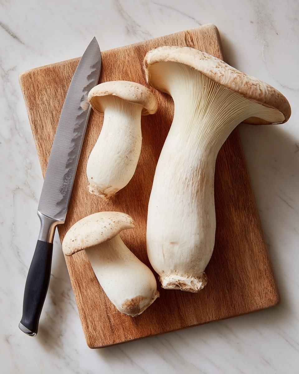 The image shows a white marbled surface with a wooden cutting board placed on it. On the cutting board, there are two large king oyster mushrooms, one whole and one cut into three pieces. The mushrooms have a thick, pale beige stem with a smooth texture and a slightly darker, rounded top. A gray serrated knife with a black handle rests on the cutting board near the mushrooms, its blade facing left. The overall scene is simple and clean, focusing on the natural look of the mushrooms and the wooden board. photo taken with an iphone --ar 4:5 --v 7