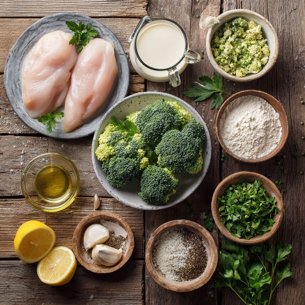 The image shows four golden-brown cooked chicken fillets evenly placed inside a white pan. Around and partly under the chicken fillets are bright green broccoli florets with a fresh, dense texture. Scattered on top and around the chicken and broccoli are small sprinkles of herbs and black pepper. Two lemon wedges with a juicy, pale yellow color sit near the edge of the pan. The pan rests on a white marbled surface. The lighting highlights the glossy, slightly crisp texture of the chicken skin and the fresh, vibrant broccoli photo taken with an iphone --ar 4:5 --v 7