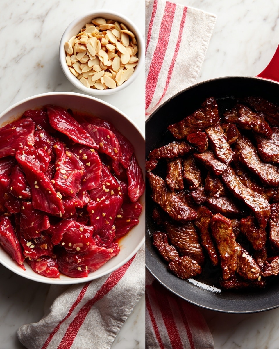 Two images side by side show the process of cooking thin slices of meat. On the left, a white bowl filled with many raw, thin red meat slices coated in a glossy marinade. Above the bowl is a small white bowl containing light beige sliced almonds. The bowl sits on a white marbled surface with a red and white striped cloth nearby. On the right, a black skillet with cooked brown meat slices, darker edges, showing a slightly crispy texture while still juicy. The skillet is placed on the same white marbled surface with the red and white cloth partially under it. Photo taken with an iphone --ar 4:5 --v 7