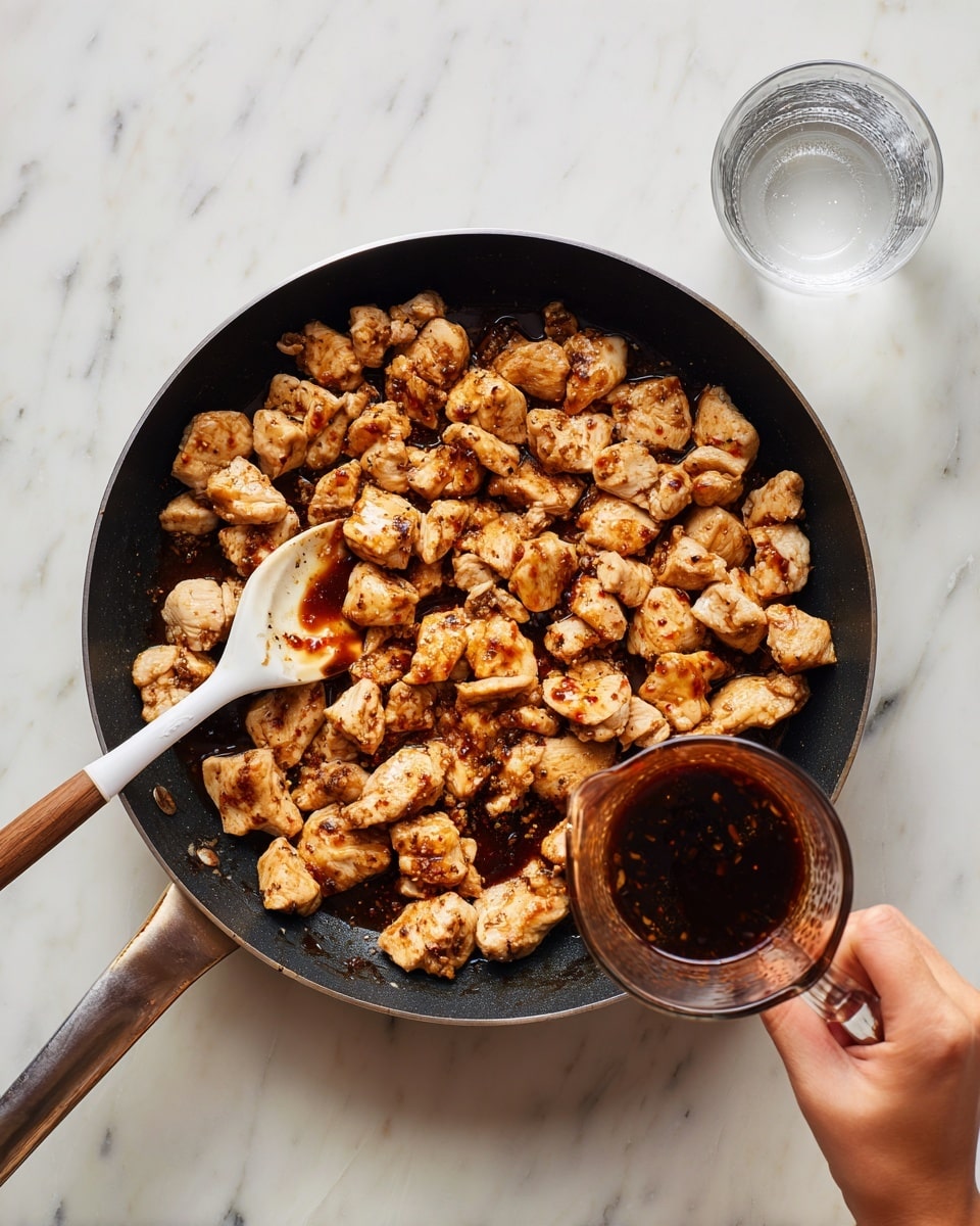 The image shows a black pan filled with many pieces of golden brown cooked chicken chunks with some darker browned spots, giving a slightly crispy look. On the left side, a white spoon with a brown handle is stirring the chicken in the pan. On the right side, a woman's hand holds a clear measuring cup pouring a dark brown sauce over the chicken pieces. The pan sits on a white marbled surface with a glass of water next to it. photo taken with an iphone --ar 4:5 --v 7