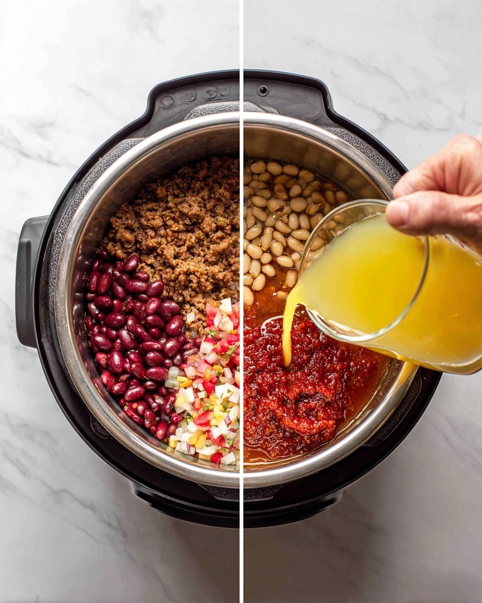 The image shows an Instant Pot on a white marbled surface with two side-by-side views. The left side shows layers inside the pot starting with a base of cooked ground meat mixed with small pieces of red and white vegetables, followed by three neat sections of dark red kidney beans, black beans, and white beans on top. On the right side, a woman's hand pours yellow broth from a clear glass into the pot, which now also contains a layer of chunky red tomato sauce and a mound of thick red paste, all mixing with the beans and meat underneath. The pot's inner lining is silver, and the outer body is dark gray. Photo taken with an iphone --ar 4:5 --v 7