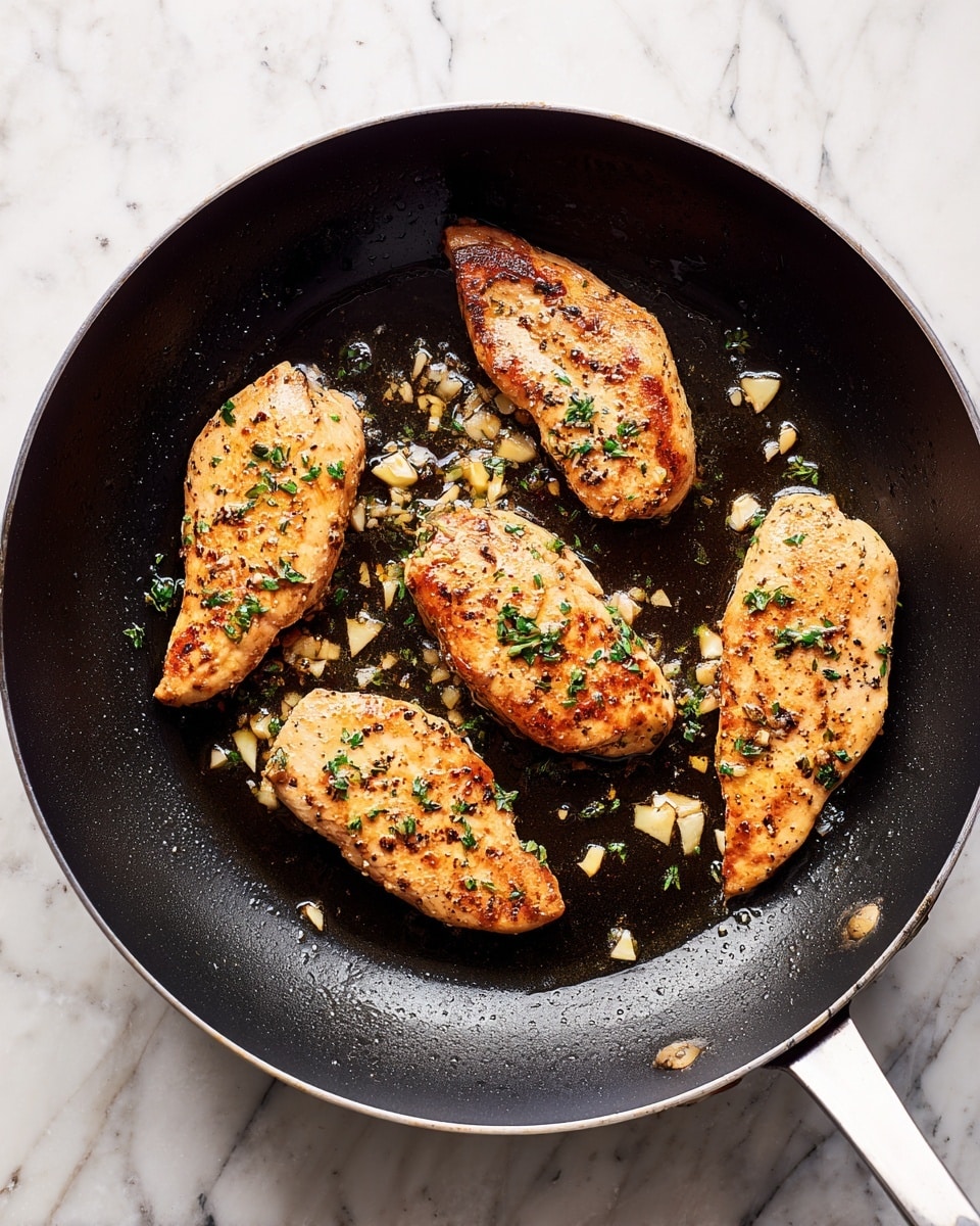 A black frying pan is shown cooking four pieces of seasoned chicken with light brown crusts and specks of green herbs, placed evenly inside the pan on a white marbled surface. The second part of the image shows the same black frying pan with small pieces of chopped garlic in the center, sitting in clear oil with bits of brown from the cooked chicken. photo taken with an iphone --ar 4:5 --v 7