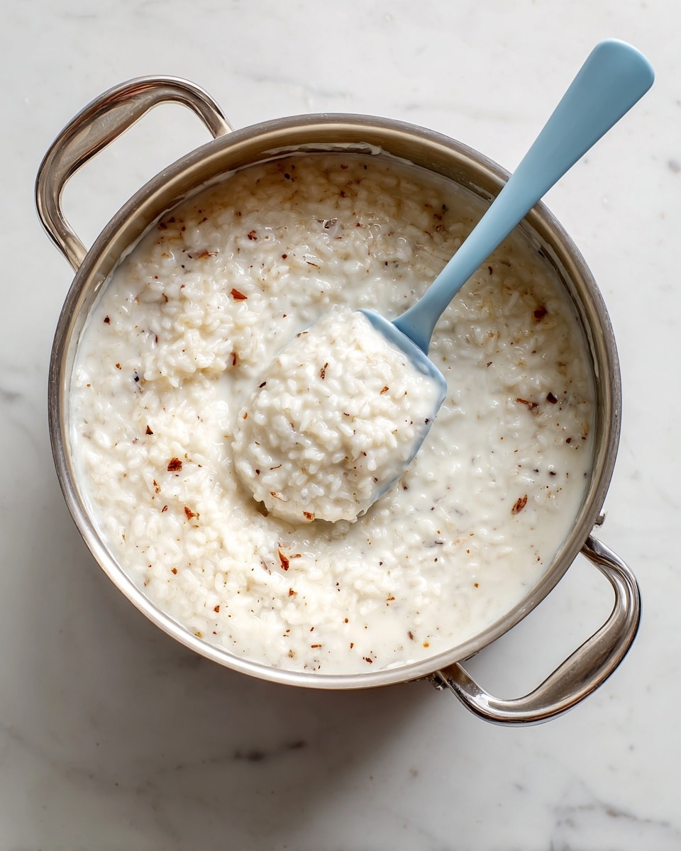 A pot filled with creamy white rice pudding lightly speckled with tiny dark flecks, indicating cinnamon or vanilla, sits on a white marbled surface. A spatula with a long silver handle and a soft blue silicone blade is partially dipped into the pudding, lifting a smooth, thick layer to the side, revealing the pudding's texture that is thick and evenly mixed with small rice grains visible throughout. The pot is silver with two handles on each side and contrasts softly against the white marbled surface photo taken with an iphone --ar 4:5 --v 7