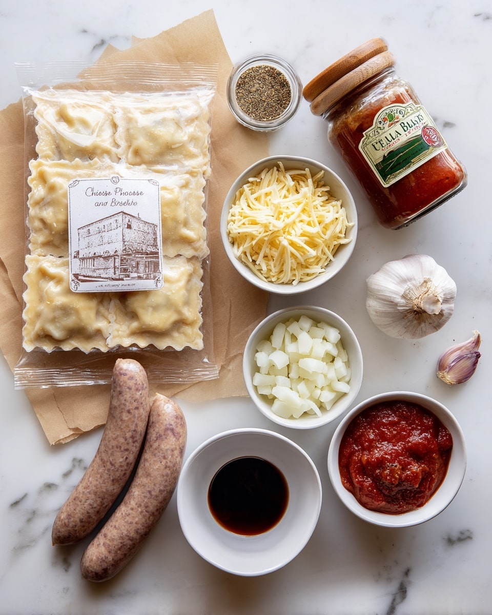 A clear plastic package of 3-Cheese Ravioli with a white label showing cheese illustrations sits on a brown paper sheet. Below it are two raw brown sausages with a rough texture. To the upper right are four small white bowls: one filled with shredded yellow cheese, one with diced white onions, one with dark brown sauce, and one empty. A jar of red tomato basil sauce with a green and white label leans on the cheese bowl. Next to the onion bowl is a small glass jar of Italian seasoning with a wooden lid, and near it are two garlic cloves. All items rest on a white marbled surface photo taken with an iphone --ar 4:5 --v 7