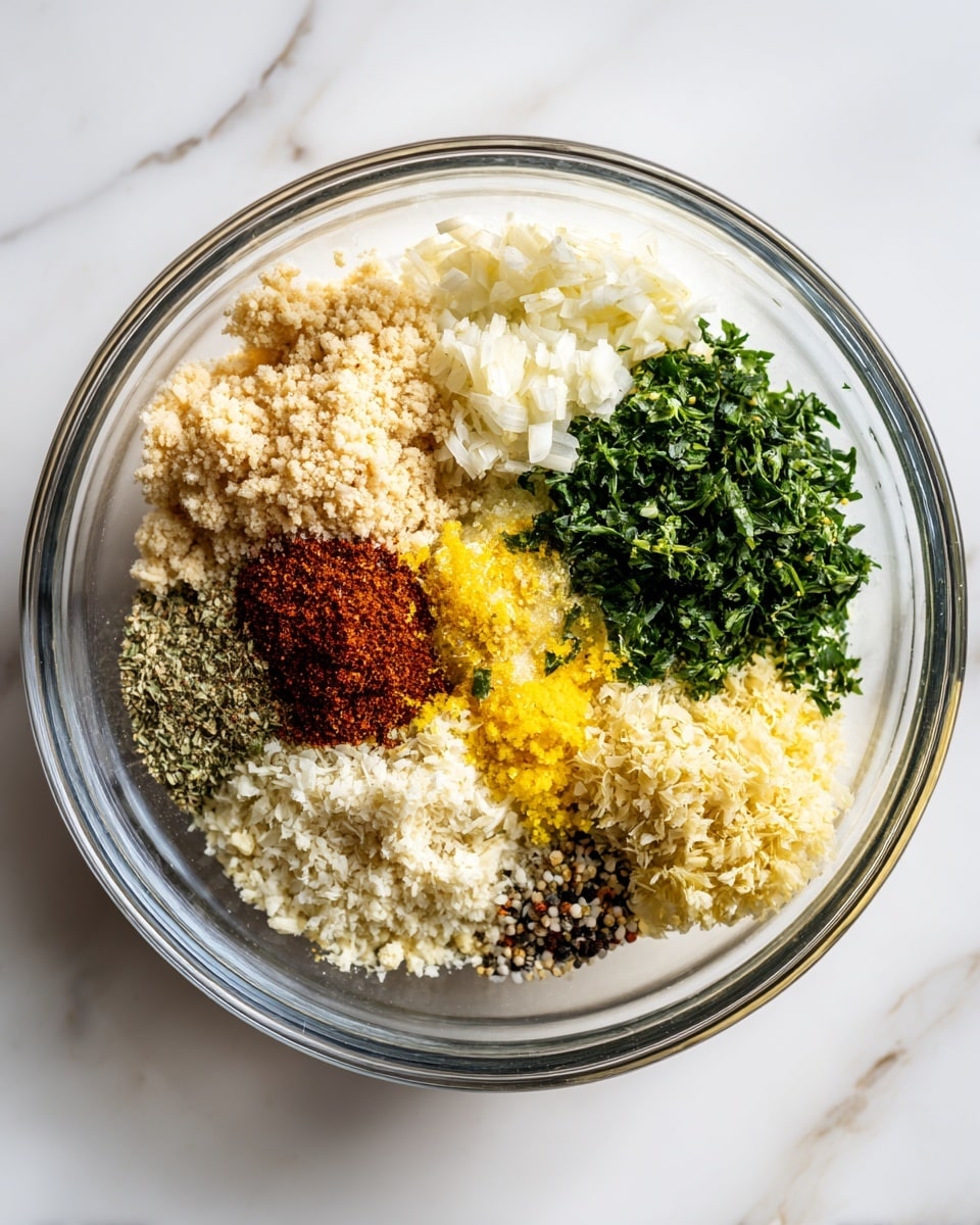 A clear glass bowl contains six distinct layers of ingredients arranged separately without mixing. Starting from the left side, there is a beige crumbly layer that looks like breadcrumbs or oats, followed clockwise by a fluffy white layer resembling grated or mashed onion. Next to it is a dark green layer of finely chopped parsley or herbs. Below that is a bright yellow layer with some darker specks, likely a mixture of beaten eggs and lemon zest. To the left of this is a small mound of reddish-brown powder, likely spices, and next to it a light sprinkling of black and white seeds or seasoning. The bowl sits on a white marbled textured surface. Photo taken with an iphone --ar 4:5 --v 7
