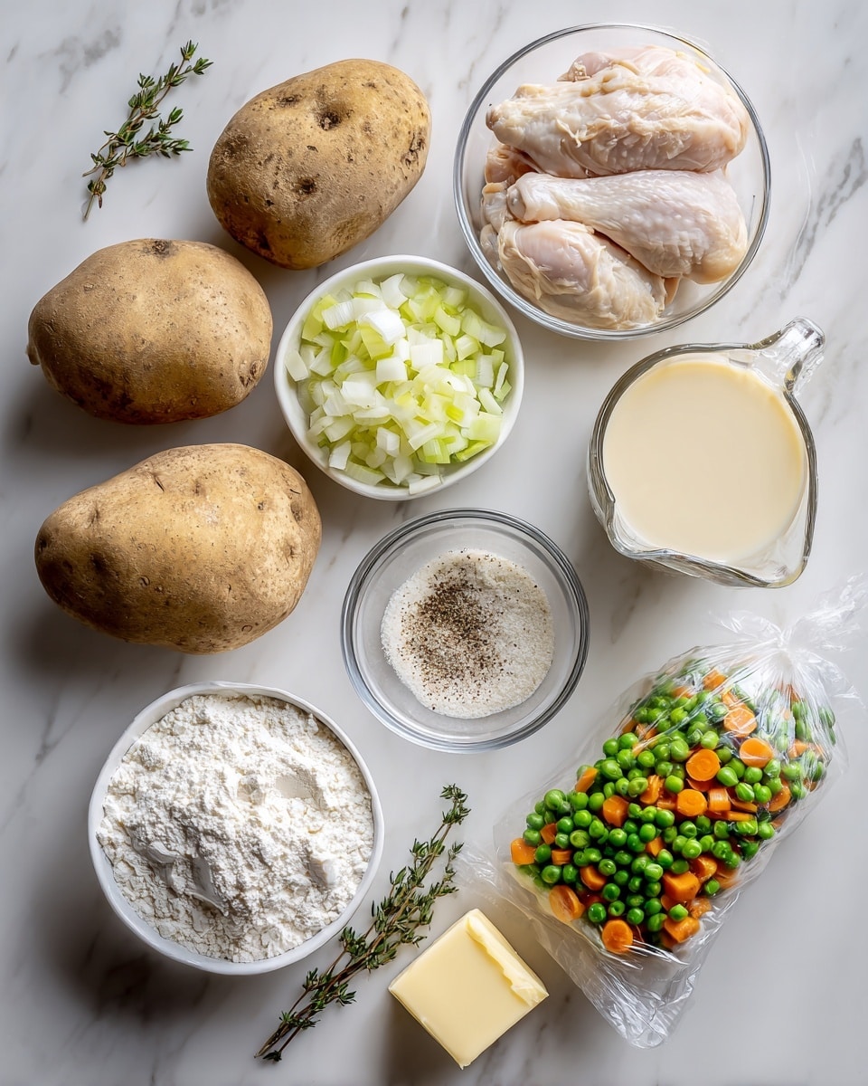 The image shows raw ingredients arranged on a white marbled surface. There are two whole potatoes with rough brown skin and two raw chicken pieces in a clear container. A small bowl holds chopped celery and onions in light green and white colors. Two glass measuring cups contain light-colored liquids, one creamy white and the other light brown. A small white bowl holds white flour mixed with ground black pepper. Next to these is a small cube of yellow butter and an open bag of frozen peas and carrots with green peas and orange carrot pieces visible spilling out. Two small sprigs of fresh thyme are placed near the measuring cups. The overall look is clean and organized, emphasizing the fresh and raw nature of the ingredients. Photo taken with an iphone --ar 4:5 --v 7