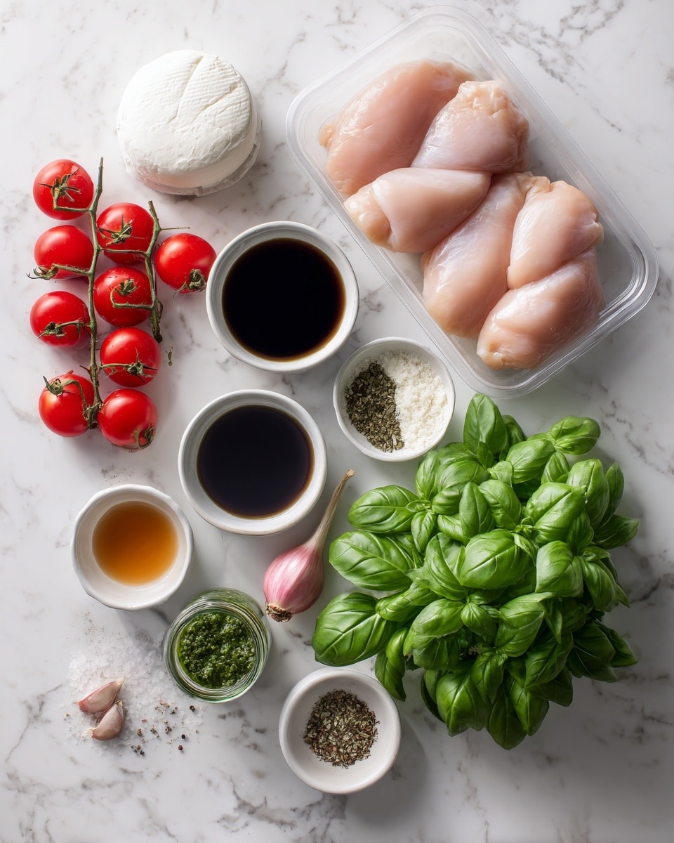 The image shows fresh ingredients for cooking neatly arranged on a white marbled surface. There are three raw chicken pieces with a pale pink color in a clear plastic tray at the top right. Below the chicken, there is a bright green bunch of fresh basil leaves. To the left of the basil, several red cherry tomatoes still on the vine form two curved clusters, creating a vibrant pop of red color. At the top left, a round package of fresh mozzarella cheese sits next to the tomatoes. A white bowl filled with a dark liquid, likely balsamic vinegar, is placed near the bottom left, and next to it is another white bowl with a golden brown liquid, probably honey. A white bowl filled with small piles of dried herbs and seasoning, including salt, pepper, and garlic powder, is at the top right center. Near the center bottom, a small glass jar of green pesto sits beside a shallot with a pinkish outer skin and three garlic cloves. The scene is bright and evenly lit, capturing fresh and natural textures in a clean, minimalistic style photo taken with an iphone --ar 4:5 --v 7