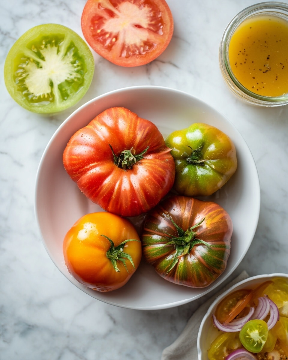 A white bowl holds five large tomatoes of different colors and shapes: two bright red ribbed tomatoes, one green tomato with a dark top, one orange tomato with a small green stem, and one tomato with red and green mixed colors. Above the bowl, there are two tomato halves placed on a white marbled surface, one green and one red with visible seeds and juicy texture. To the side, there is a partial view of a white bowl with sliced tomatoes in yellow, green, and red colors mixed with thin red onions in a light liquid. A small glass jar filled with a golden yellow dressing is placed near the top right corner on the white marbled surface. photo taken with an iphone --ar 4:5 --v 7