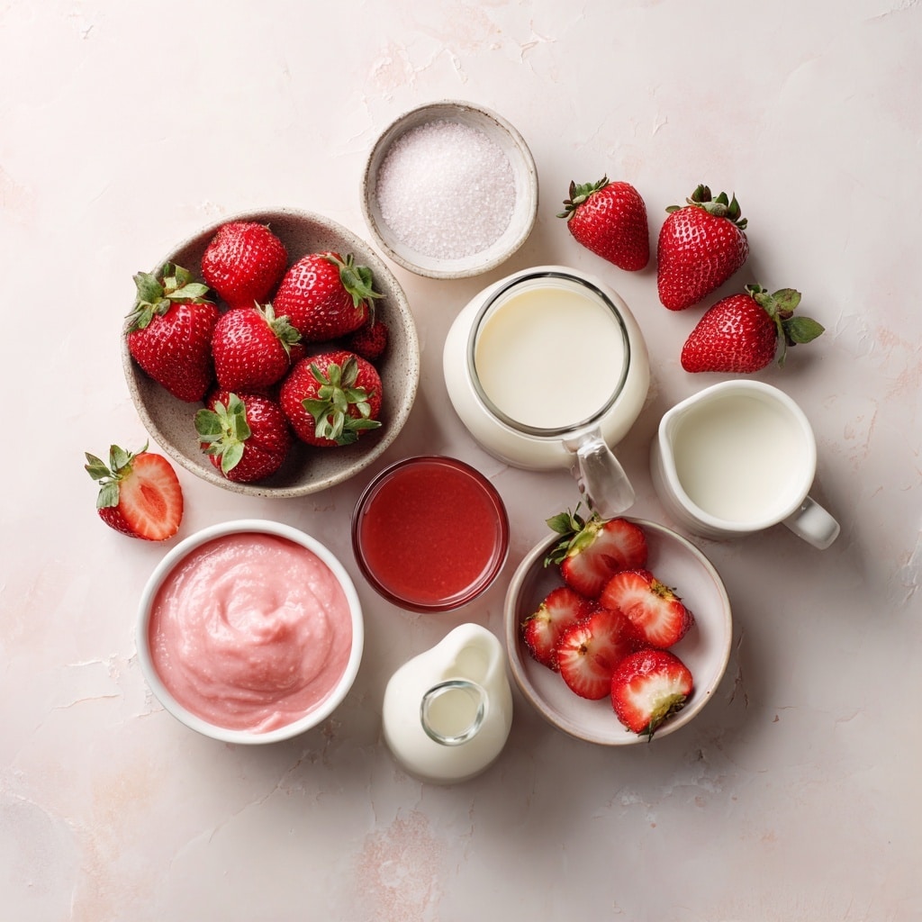 The image shows a sequence of four pictures arranged in a grid. The top left image shows a white bowl filled with soft, white rice that looks fluffy and moist with a small hole in the center. The top right image shows a clear blender bowl containing fresh red strawberries that are halved, their juicy texture is visible. The bottom left image shows the same blender bowl, now filled with a bright red, frothy liquid that looks like blended strawberries with fine bubbles on the surface. The bottom right image shows the same clear blender bowl with the berry mixture, now thicker and less frothy, with a more concentrated red color and slightly chunky texture. The background is a white marbled texture. Photo taken with an iphone --ar 4:5 --v 7