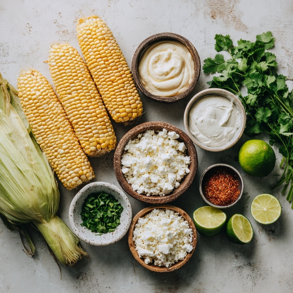 Two ears of bright yellow corn lie side by side on a wooden board with light and dark stripes. Each ear has a thick coating of white creamy sauce evenly spread over the top half, sprinkled generously with finely chopped green herbs and dusted with red spice flakes. Small bits of herbs and spice granules are scattered around on the board. In the background, part of a white plate with another ear of corn is blurred out on a white marbled surface. photo taken with an iphone --ar 4:5 --v 7