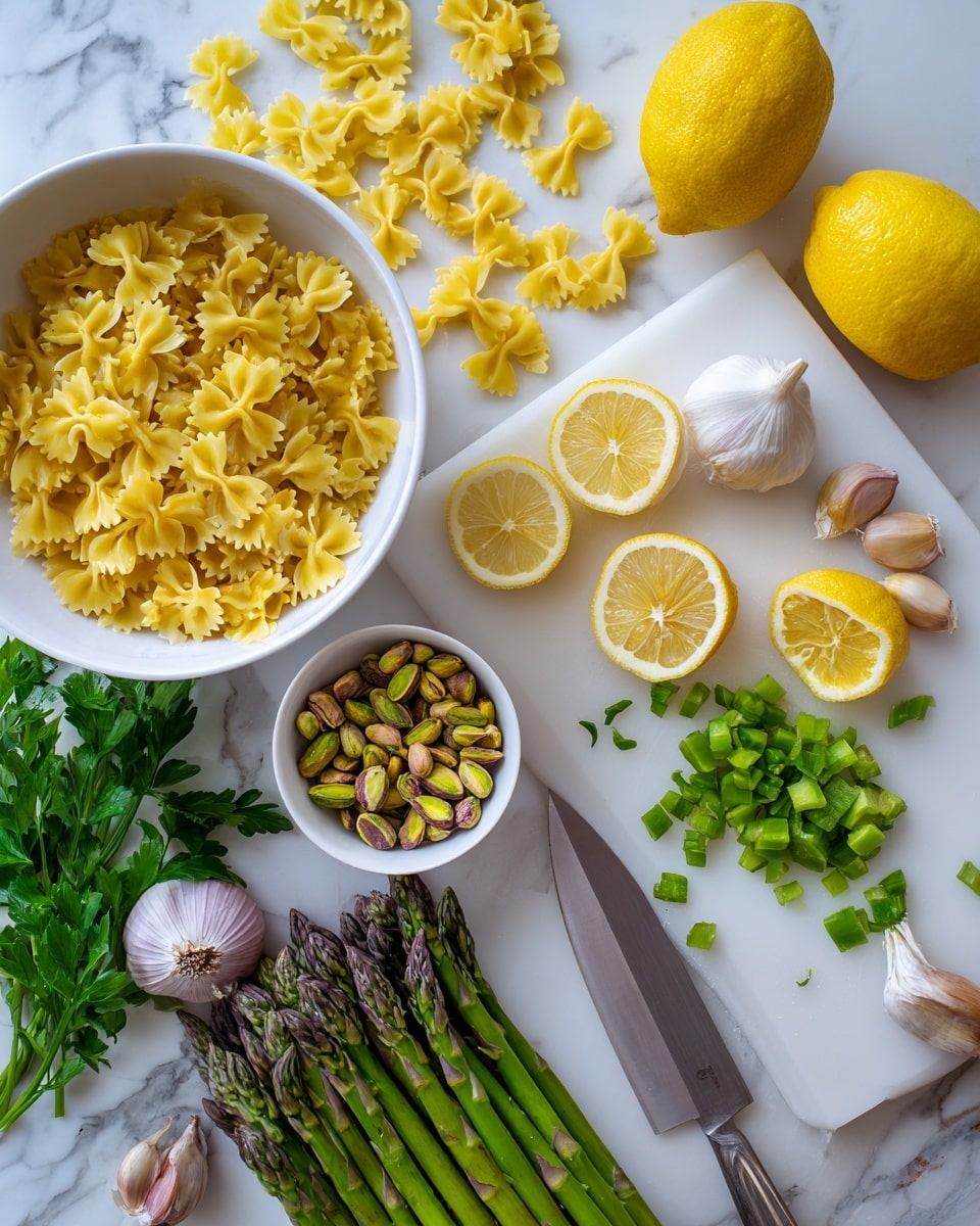 The image shows a blender container with a thick, green, textured pesto sauce inside. Surrounding the blender, on a white marbled surface, are four layers of ingredients and items placed around it: top left is a white bowl full of pale yellow bowtie pasta; top right has two bright yellow lemons, one whole and one half, resting beside a soft gray-green linen cloth; bottom right includes fresh green asparagus spears on the marbled surface; bottom left shows fresh parsley leaves, a bulb of garlic, and a small white bowl filled with mixed pistachio nuts, with a few scattered outside the bowl. photo taken with an iphone --ar 4:5 --v 7