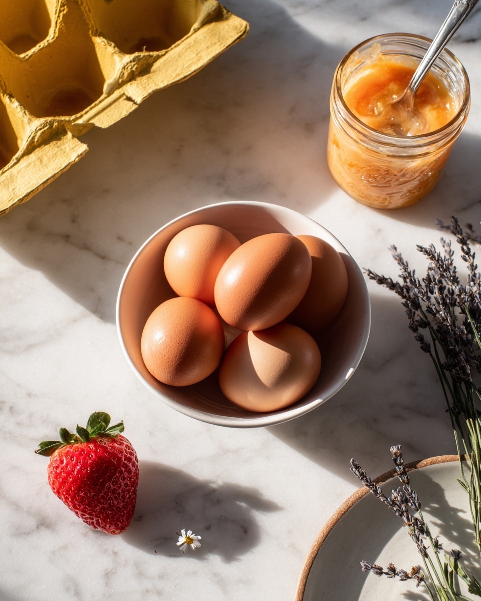 Five brown eggs are placed standing inside a white bowl in the center. Behind them to the left, a yellow egg carton holds four more brown eggs. To the right side, a jar filled with a creamy orange spread and a spoon inside is visible. In the lower left corner, a bright red strawberry with a small white flower on top lies on the white marbled surface. In the lower right part, sprigs of lavender rest next to a white plate with a brownish rim. The scene is lit by warm sunlight casting soft shadows. Photo taken with an iphone --ar 4:5 --v 7