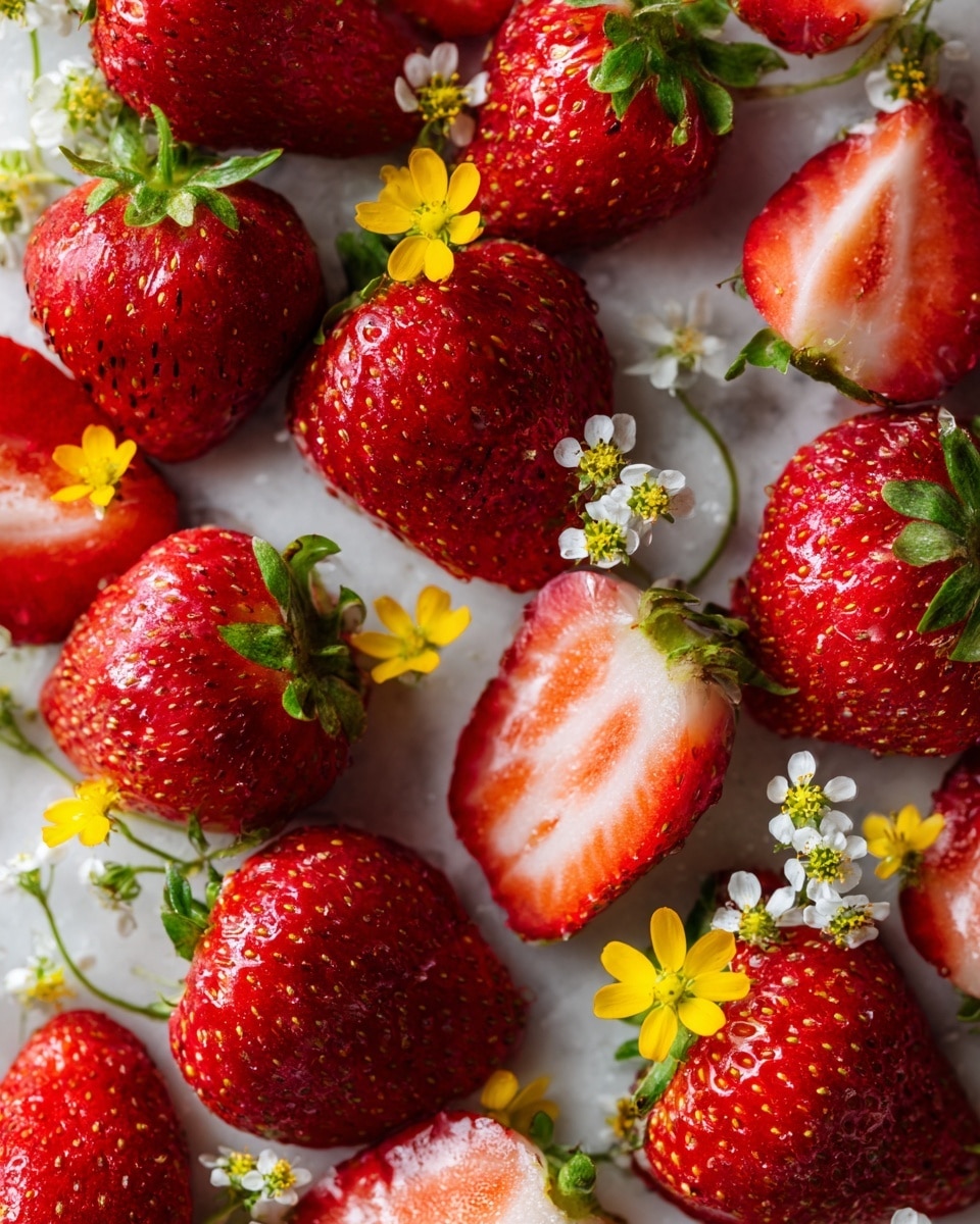 A close-up of many fresh strawberries, some whole and some cut in half, showing their red and juicy inside texture. The strawberries have green leaves, and there are small bright yellow flowers sprinkled among them. The surface beneath the strawberries is a white marbled texture, giving a clean and fresh look. The strawberries are the main focus, with detailed seeds and shiny skin visible. Photo taken with an iphone --ar 4:5 --v 7