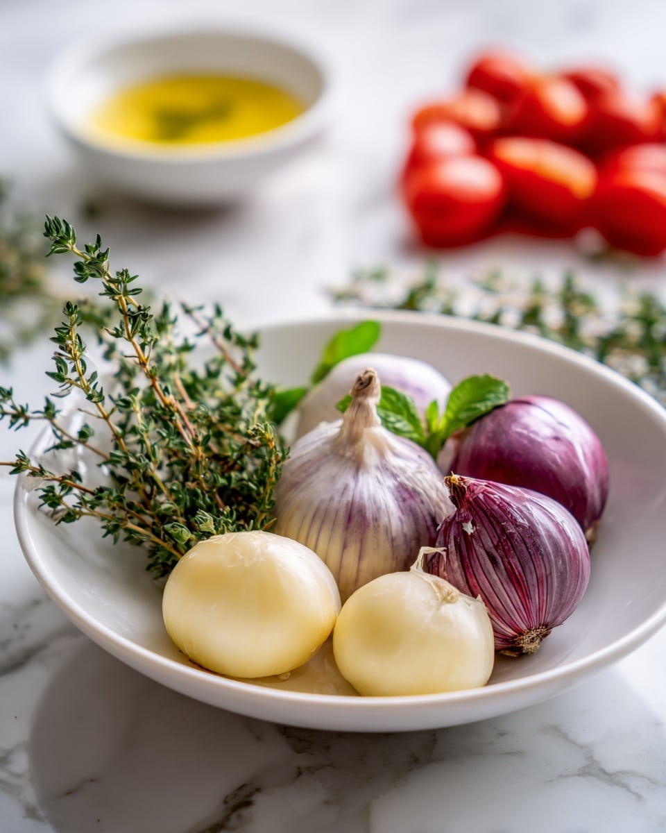 In the white shallow bowl, there are two halves of garlic bulbs, pale yellow and creamy in color with smooth, rounded tops, placed on the right side. Two whole shallots with a shiny purple skin and white with purple rings inside lie on the left side. Fresh green herbs are scattered on top, with bright green mint leaves in the center and delicate thyme sprigs with small green leaves surrounding it. The background shows a blurred white bowl with yellow sauce on the top left and a pile of red cherry tomatoes on the top right, all set on a white marbled surface. Photo taken with an iphone --ar 4:5 --v 7