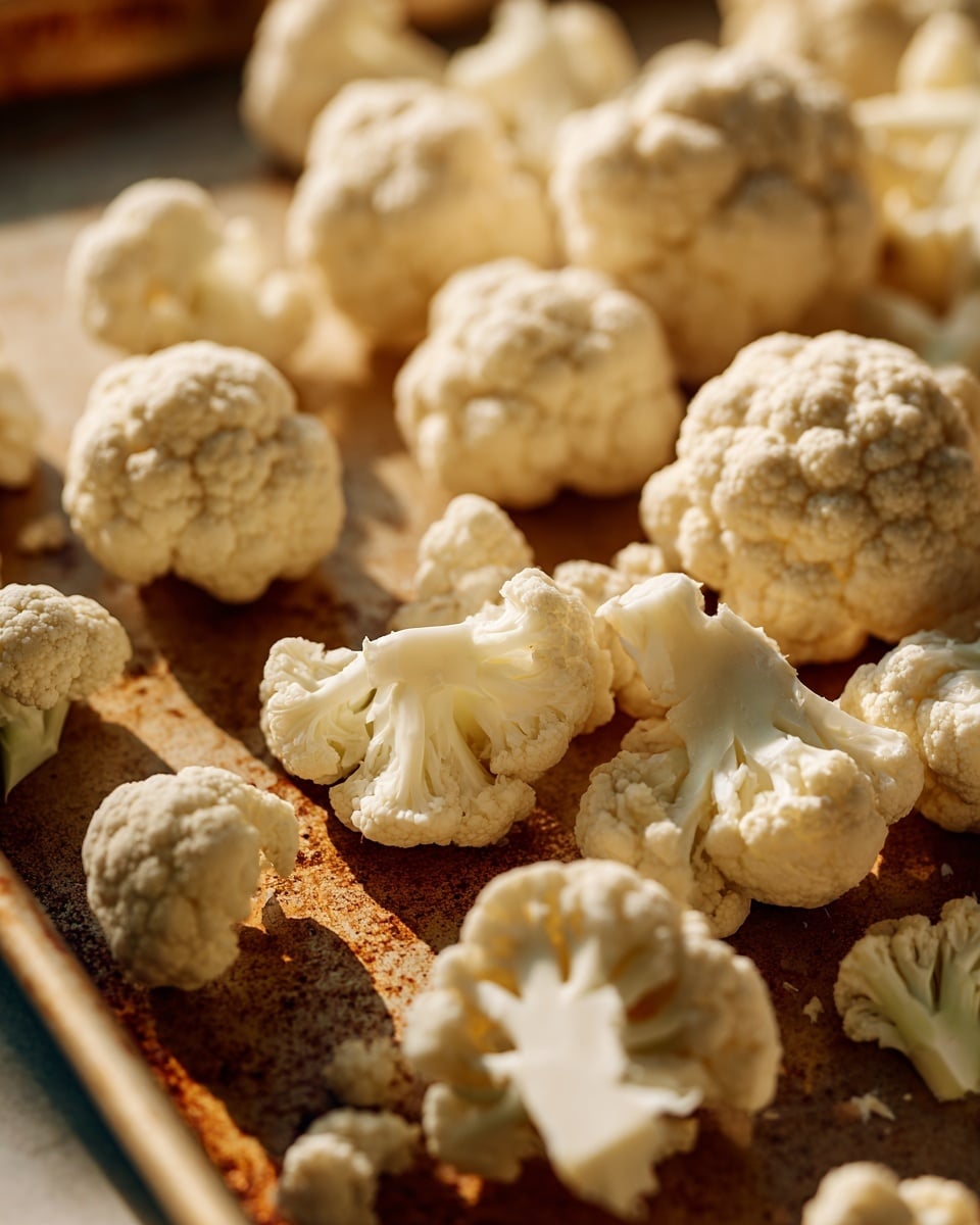 The image shows many pieces of raw cauliflower spread out on a textured golden baking tray. The cauliflower pieces vary in size and shape, showing the white, bumpy, and firm surfaces of the florets. Shadows fall softly over the cauliflower, adding depth to the light cream and off-white colors. The tray surface has a shiny pattern that contrasts with the soft, natural look of the cauliflower pieces. The setting appears warm with natural light highlighting the textures clearly. photo taken with an iphone --ar 4:5 --v 7