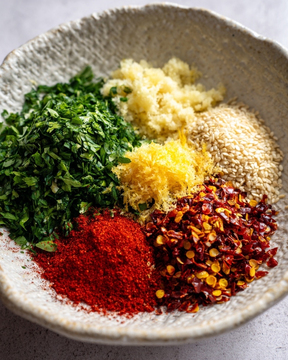 A white shallow bowl holds a smooth swirl of creamy, beige hummus as the bottom layer, topped with roasted cauliflower florets that have a golden-brown char with hints of blackened edges. The cauliflower is scattered with finely chopped green herbs and small sprigs of dill. A glossy pool of deep orange chili oil sauce with green herbs floats around and over the cauliflower, adding shine and moisture. Around the bowl, warm triangle-shaped flatbreads with lightly toasted spots rest on a white marbled surface. In the background, a small white bowl with more orange chili oil and herbs is partially visible with a spoon inside. Fresh green basil leaves are placed around the scene adding a touch of color. photo taken with an iphone --ar 4:5 --v 7