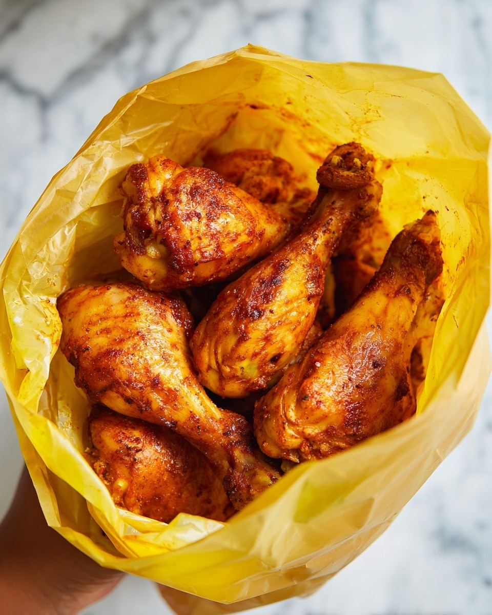 The image shows a close-up view of a yellow bag being held open by a woman's hand, revealing cooked chicken legs inside. The chicken legs have a rich golden-brown color with a slightly shiny, seasoned surface that shows spices and a light oily texture. The inside of the bag is coated with oil and seasoning remnants, giving it a glossy and slightly translucent look. The background is a white marbled surface, making the yellow bag and the chicken inside stand out clearly. photo taken with an iphone --ar 4:5 --v 7