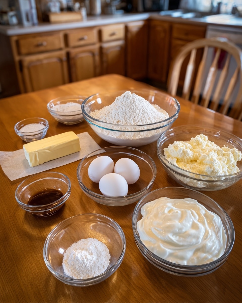 The image shows a wooden table with baking ingredients arranged neatly. There is a large clear glass bowl filled with white flour at the back center. Near it to the right is a slightly smaller clear glass bowl filled with white granulated sugar. In front of these, there are two eggs sitting inside a small clear glass bowl, and next to it, a stick of butter wrapped in paper placed horizontally. There are also two small clear glass bowls in the front left corner: one contains a white powder, likely baking powder, and the other a fine white powder which could be salt. Another small clear bowl holding a dark brown liquid, probably vanilla extract, is nearby. A medium clear glass bowl filled with white creamy yogurt or sour cream is to the front right. The surface behind everything is a wooden table with a natural finish, and the background shows wooden cabinets and a chair. Photo taken with an iphone --ar 4:5 --v 7