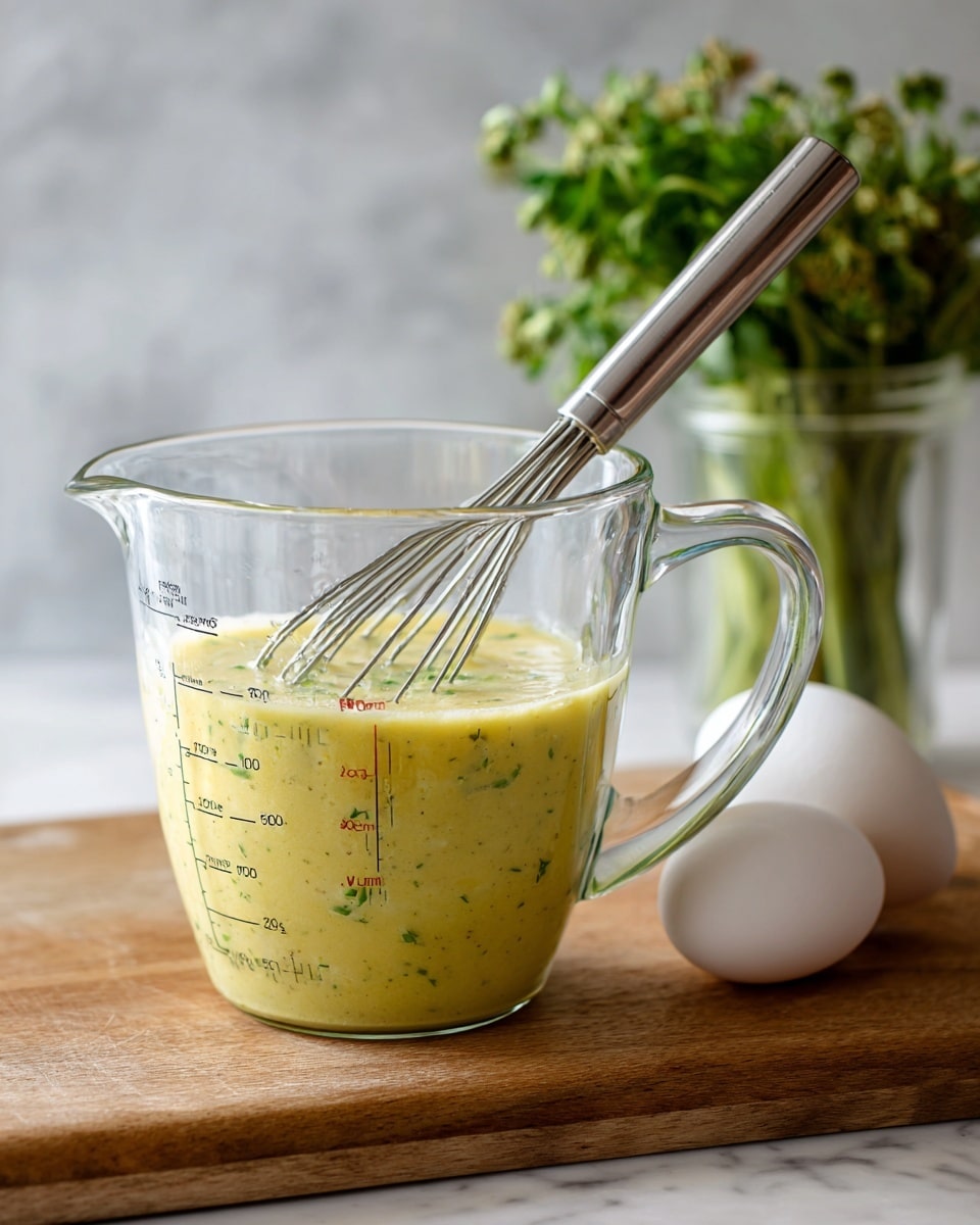 A clear glass measuring cup with measurement marks and a handle holds a partially mixed yellow-green sauce with visible herb bits inside. A silver whisk is resting in the sauce, standing upright. Next to the measuring cup, there are two white eggs placed on a wooden table. In the background, there is a green herb bunch in a clear container. The scene is set on a white marbled surface. photo taken with an iphone --ar 4:5 --v 7