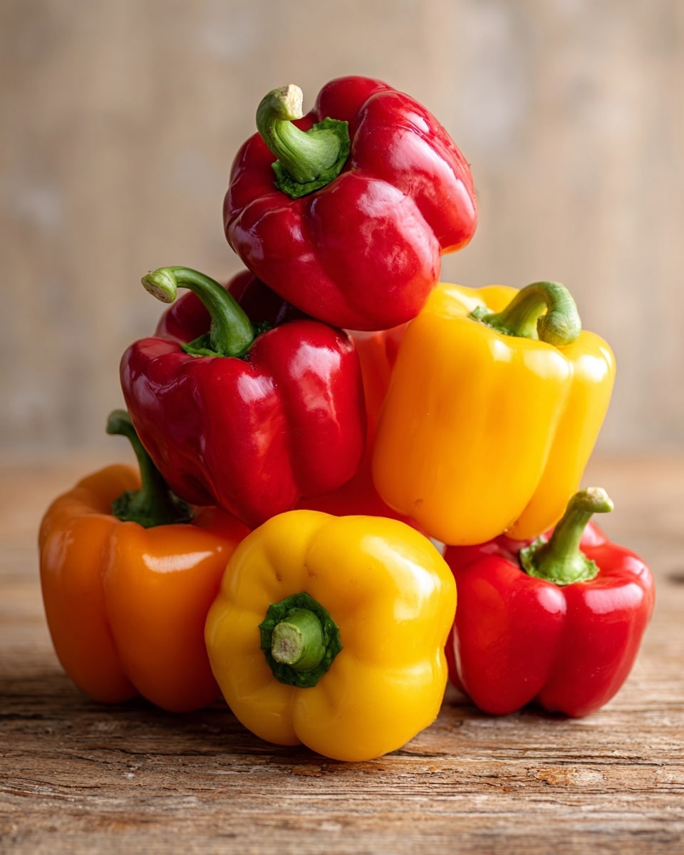 A group of seven whole bell peppers arranged on a brown wooden surface with a light wood background. The peppers vary in color: three are red, three are yellow, and one is orange. They are stacked and leaning against each other, showing their green stems. The peppers have a smooth, shiny texture and a fresh look. photo taken with an iphone --ar 4:5 --v 7