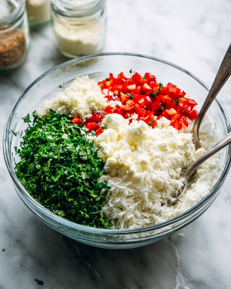 A clear glass bowl filled with four main layers sitting on a white marbled surface; on the left side is a mound of finely chopped green herbs with a leafy texture, next to it on the right is a pile of small red diced pieces of bell pepper, followed by a large portion of white crumbly cheese covering the right half of the bowl, and underneath all these, a base of cooked white rice is slightly visible through the glass bowl. Two silver spoons rest inside the bowl, one near the cheese and the other closer to the herbs, and in the background, two small glass jars with light-colored contents are slightly blurred. Photo taken with an iphone --ar 4:5 --v 7
