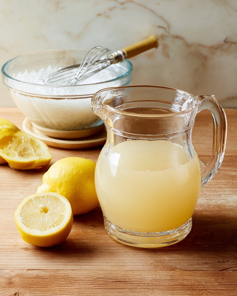 A small clear glass pitcher filled with pale yellow lemon juice sits on a wooden table. Behind it, there is a clear glass bowl with frothy lemon juice and a woman's whisk resting on top. To the left, a lemon half is pressed on a clear lemon juicer dish. The whole scene is set on a white marbled surface. photo taken with an iphone --ar 4:5 --v 7