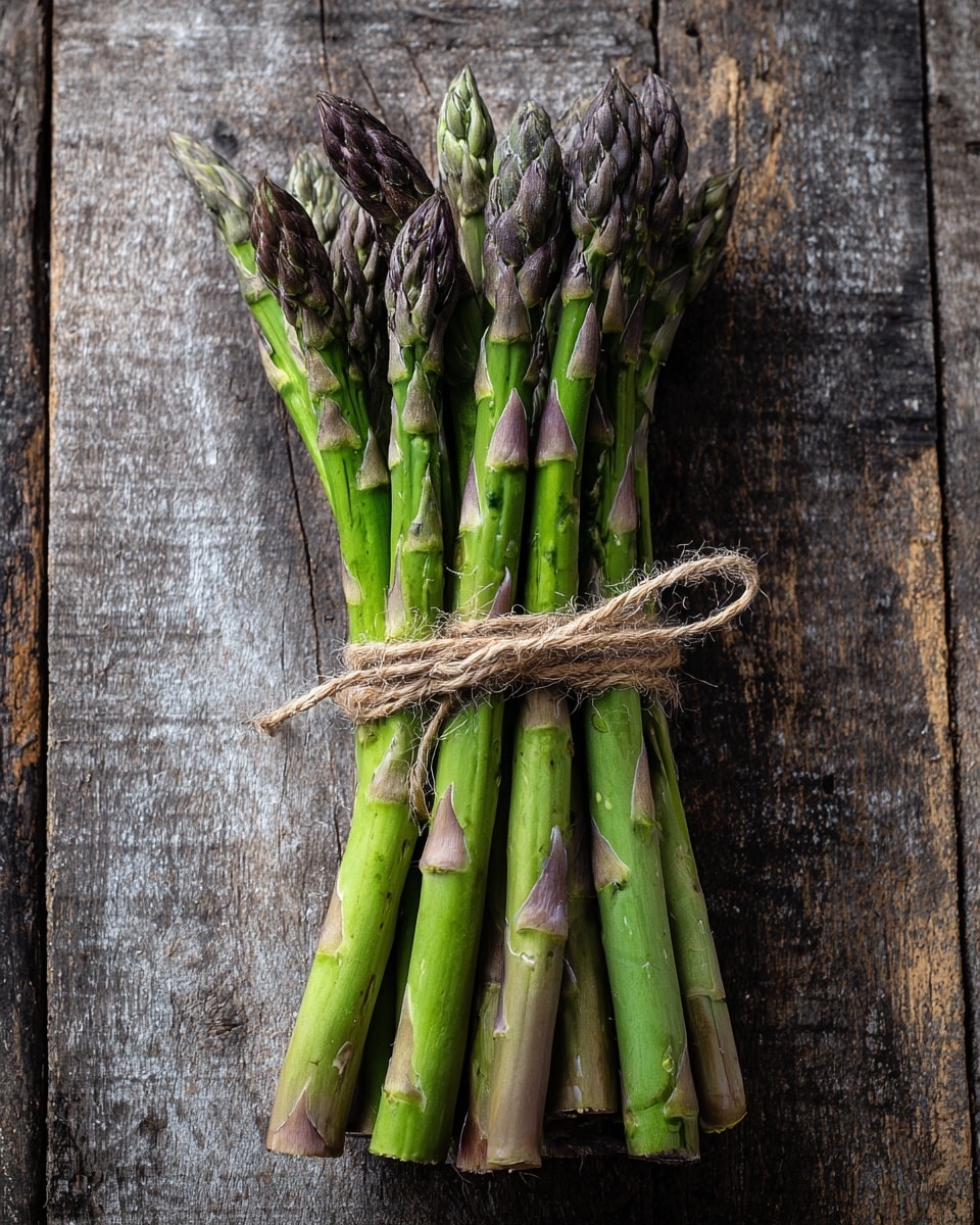 A bunch of green asparagus stalks tied together with a piece of light brown twine, showing thick, long stalks with closed purple-green tips, lying flat on a rustic grayish wooden surface with a rough texture and visible grain lines and gaps between the wood planks, light coming softly from one side, creating gentle shadows and highlights on the asparagus and wood photo taken with an iphone --ar 4:5 --v 7
