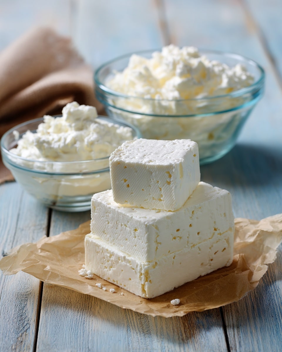 The image shows three white blocks of soft cheese with small holes stacked on a piece of parchment paper on a wooden surface. Next to the cheese, there are two clear glass bowls filled with creamy white substances, one slightly more whipped and fluffy-looking than the other. The background includes a blurry blue and light brown kitchen setting. The scene is bright and simple with natural textures of wood and dairy. photo taken with an iphone --ar 4:5 --v 7