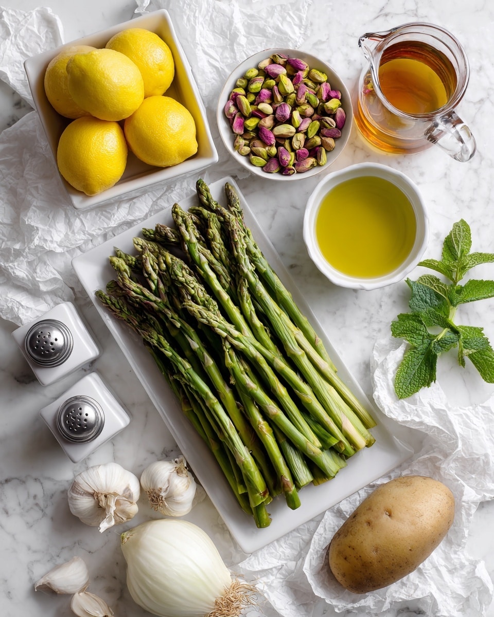 The image shows fresh ingredients neatly arranged on a white marbled surface; at the center bottom, a white rectangular plate holds a large bundle of green asparagus spears stacked closely in a single layer. Above the asparagus, there is a small white bowl filled with green and purple pistachio nuts. To the right of the pistachios, a small clear glass bowl contains golden olive oil, and behind that is a glass pitcher filled with amber-colored liquid. To the left of the pistachios, there is a white square bowl with five bright yellow lemons. On the left side toward the bottom, there are two small square salt and pepper shakers with silver tops. At the bottom left, a whole white onion, a bulb of garlic, and two light green leek stalks rest on crumpled white paper. On the bottom right, a light brown potato with a few dark spots lies next to fresh green mint leaves, also on crumpled white paper. photo taken with an iphone --ar 4:5 --v 7