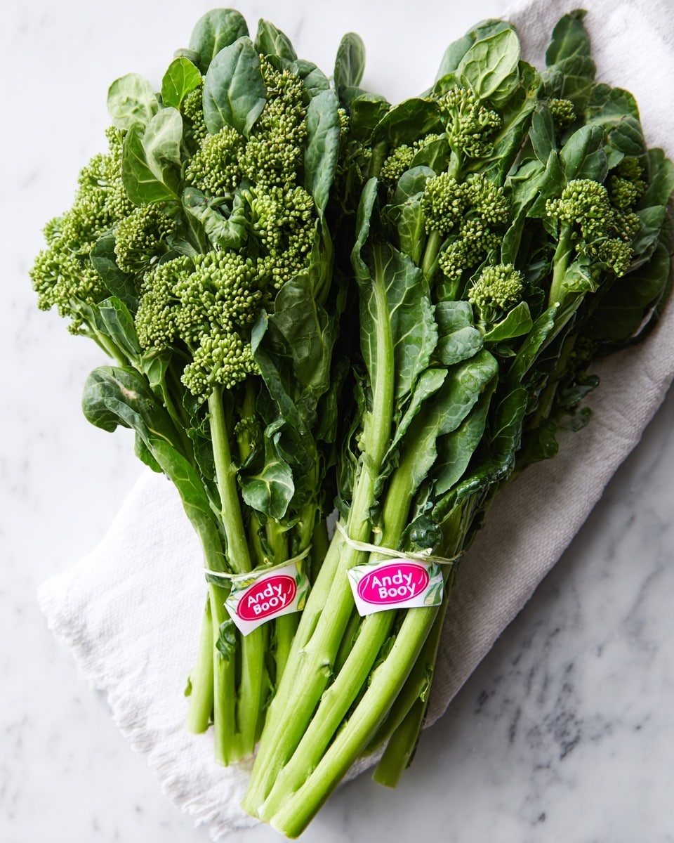 Two bunches of green rapini with leafy tops and thick stems, each tied with a pink label that says