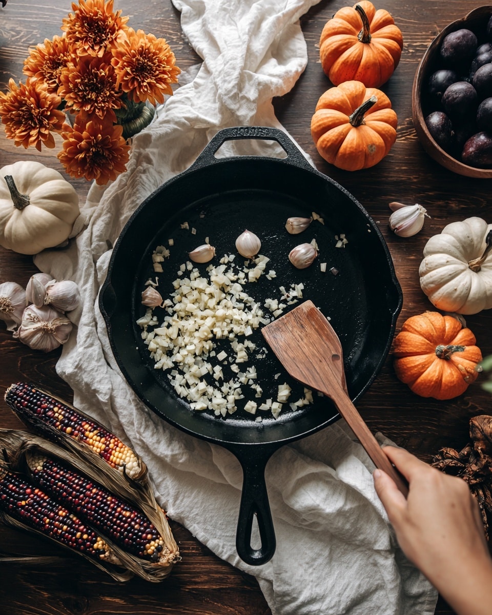 A black cast iron pan sits on a dark wooden table covered partly by a white cloth. Inside the pan, there are small diced pieces of garlic spread around, with four whole garlic cloves placed near the center. A woman's hand is holding a wooden spatula stirring the garlic pieces inside the pan. Around the pan, there are several small orange and white pumpkins, some orange flowers, a bowl of dark purple plums, and a small ear of multicolored corn arranged on the table. The surface is replaced with a white marbled texture. photo taken with an iphone --ar 4:5 --v 7