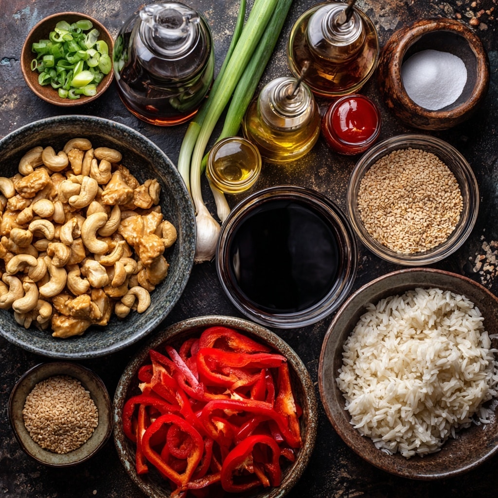 The dish shows a white plate filled with a bed of white rice as the bottom layer. On top of the rice, there is a thick layer of dark brown cooked chunks, likely tofu or tempeh, mixed with whole cashews, bright green chopped scallions, and small red chili pieces, all coated in a shiny, rich brown sauce. The cashews are golden-brown and scattered evenly, giving a crunchy texture. There are sesame seeds sprinkled on top, adding a light off-white touch. The plate is set on a white marbled surface with extra cashews, sesame seeds, and chopped scallions around it. A white bowl of additional chopped green scallions is in the upper left corner, and a striped dark-gray cloth is partially visible on the lower right. photo taken with an iphone --ar 4:5 --v 7