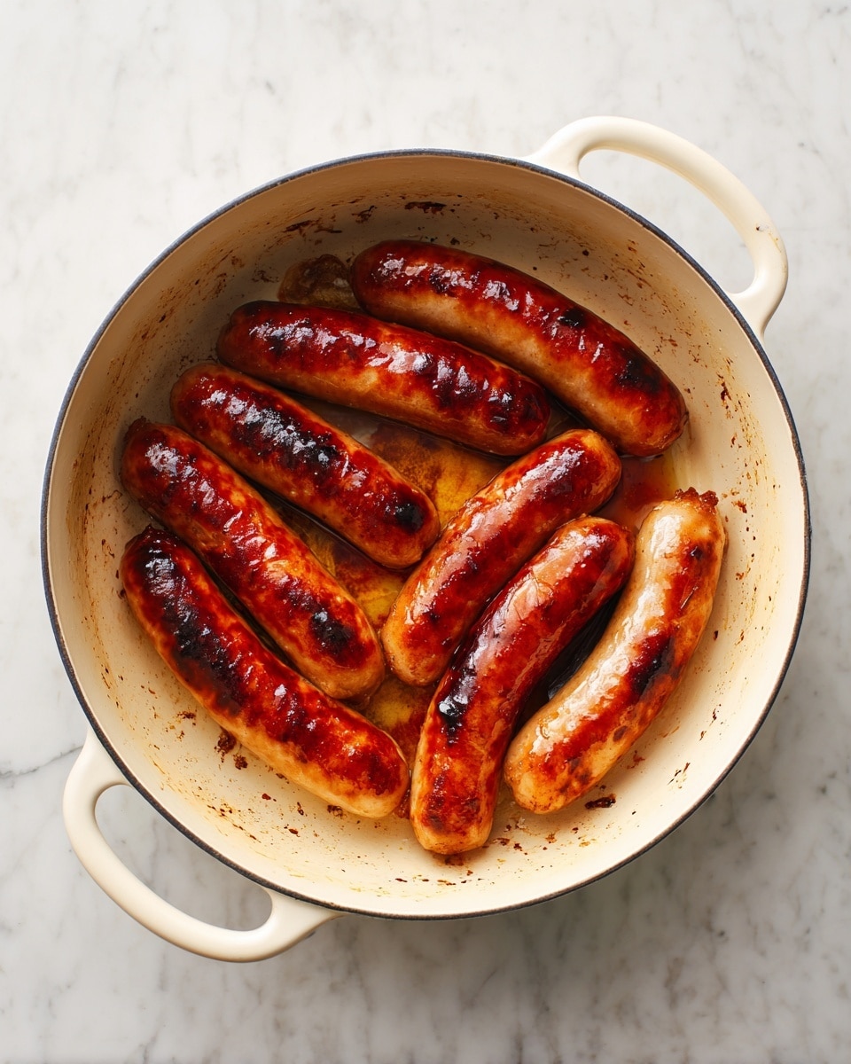 There is a white pot with two handles visible on a white marbled surface. Inside the pot, there are eight browned sausages arranged loosely across the bottom. The sausages have a shiny, cooked texture with darker brown patches indicating they were fried or grilled. Some small burnt marks and grease spots are visible in the pot around the sausages, showing they were cooked directly in it. The pot’s interior has slight discoloration and stains from use. photo taken with an iphone --ar 4:5 --v 7
