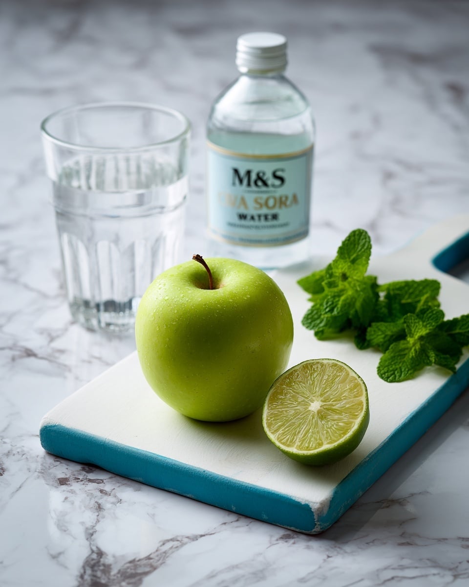 A white cutting board with a blue edge is placed on a white marbled surface. On the board, there is one whole green apple positioned near the middle, one half lime showing its light green inner texture beside the apple, and a small bunch of dark green mint leaves placed close to the right side of the board. Behind the board, a clear glass filled with water and a transparent plastic bottle of soda water labeled