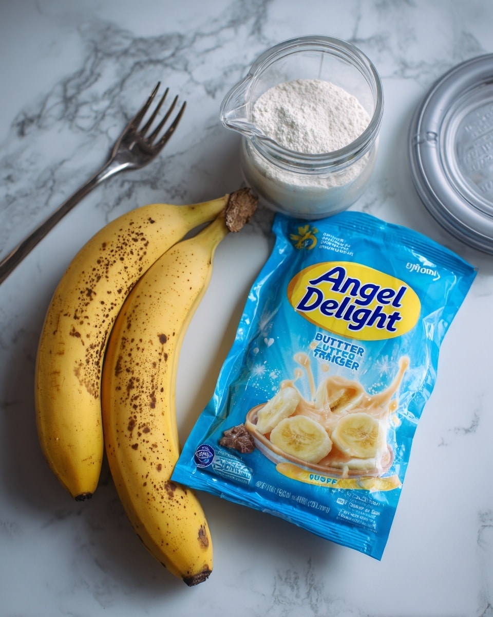 The image shows two ripe yellow bananas with dark spots lying next to a bright blue packet labeled
