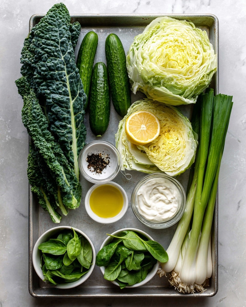 A metal tray filled with fresh ingredients arranged neatly on a white marbled surface. On the top left are dark green curly kale leaves with three long, dark green cucumbers next to them. To the right, there is a whole light green cabbage and lemon halves with bright yellow flesh placed alongside. Green onions with long green stalks and white ends are positioned on the right side of the tray. Small white bowls and glass containers hold creamy white yogurt, minced garlic, black pepper and salt mix, olive oil with a yellow-green color, and finely grated light yellow cheese. Below the bowls, there are two small white bowls filled with dark green leafy spinach and basil leaves. The photo taken with an iphone --ar 4:5 --v 7