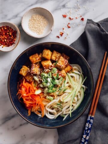 Sticky Vegan Tofu Noodle Salad with Maple Sesame Crisps Recipe
