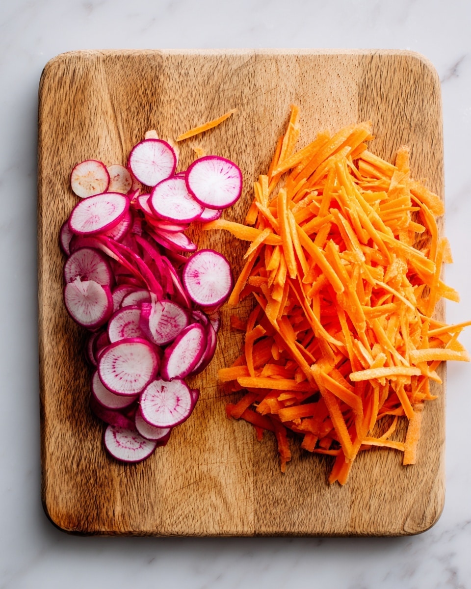 The image shows a wooden cutting board on a white marbled surface with two piles of sliced vegetables neatly placed side by side. On the left, there are thin, round slices of red radish with white centers, stacked in a loose pile. On the right, there is a larger pile of thin, julienne-style orange carrot sticks arranged in a somewhat messy heap. The board’s natural wood grain texture contrasts with the vibrant colors of the vegetables. No other items or utensils are visible in the frame, and no hands are shown. Photo taken with an iphone --ar 4:5 --v 7