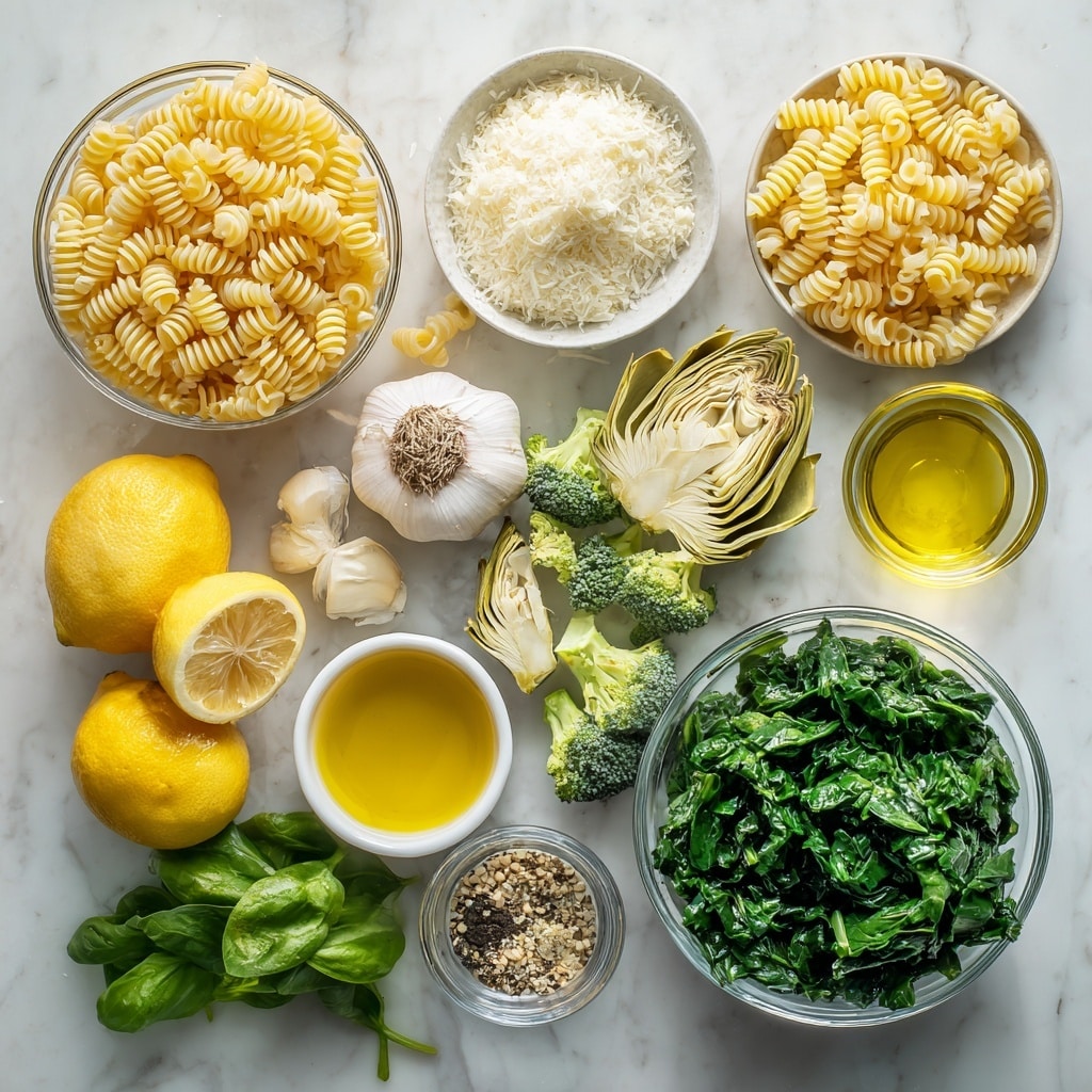 A shiny silver pot sits on a wooden round board, filled with creamy pasta with three main visible layers: pale yellow twisted pasta spirals form the base, mixed with bright green broccoli florets and leafy spinach scattered throughout, and light yellow artichoke heart pieces resting on top and mixed inside the dish. A wooden spoon is partly dipped inside the pot, lifting some pasta and greens, with creamy white sauce coating all ingredients. The background is a white marbled surface with a yellow and white checkered cloth with blue and orange stripes placed nearby. Photo taken with an iphone --ar 4:5 --v 7