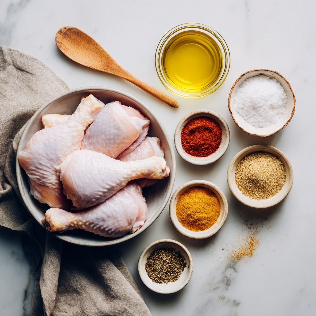 The image shows four stages of making a marinade and coating chicken drumsticks in a white bowl on a white marbled surface. The first stage has a mix of yellow oil, black pepper, red paprika, and light brown powder spices in the bowl. The second stage shows the spices mixed into a thick, dark red sauce covering the bowl's bottom. The third stage shows five raw, light pink chicken drumsticks placed on top of the sauce. The final stage shows the drumsticks fully covered in the red sauce, evenly coated and ready for cooking. Photo taken with an iphone --ar 4:5 --v 7